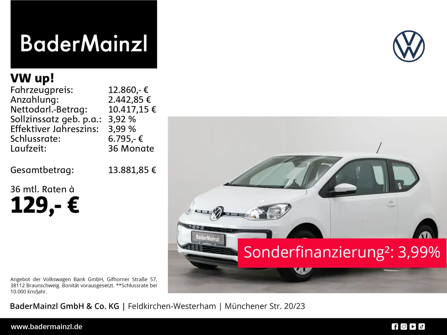 Volkswagen up! 1.0 MPI Move Sitzheizung Klima DAB+ Blueto. Weiß - 1