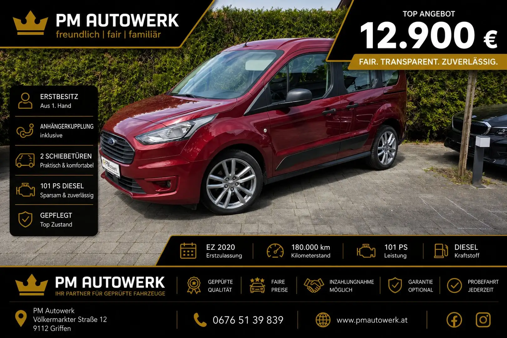 Ford Tourneo Connect 1.5 TDCi 1.Besitz ZR neu AHK 2 Schiebetüren Rot - 1