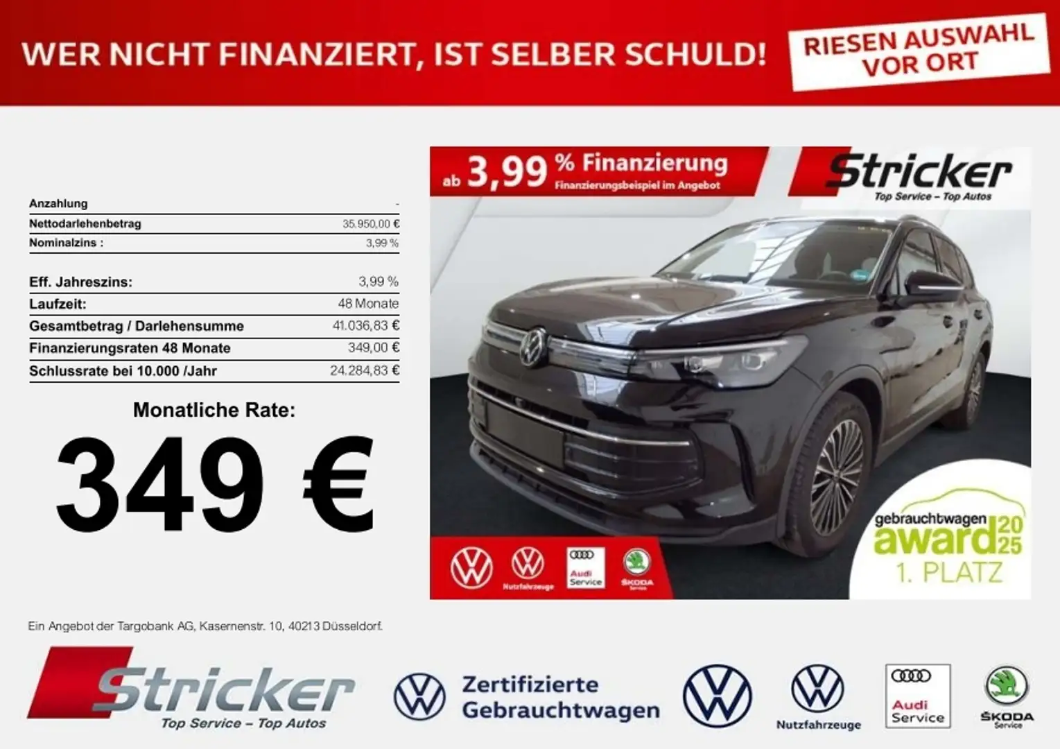 Volkswagen Tiguan Goal 2.0TDI DSG 349,-ohne Anzahlung Navi AHK Kame Schwarz - 1