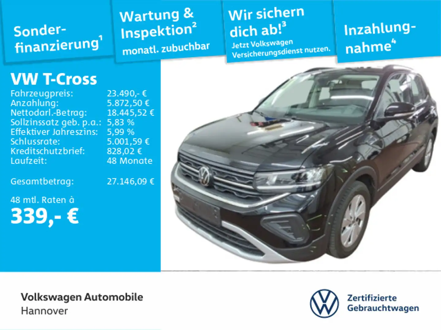 Volkswagen T-Cross 1.0 TSI DSG Life Navi LED DigCockpit ACC Schwarz - 1