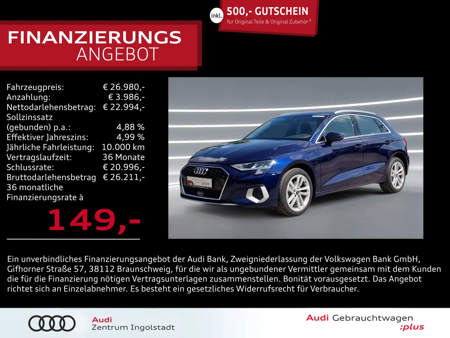Audi A3 Sportback 40 TFSI e NAVI virtual+ PDC Advanced Blauw - 1