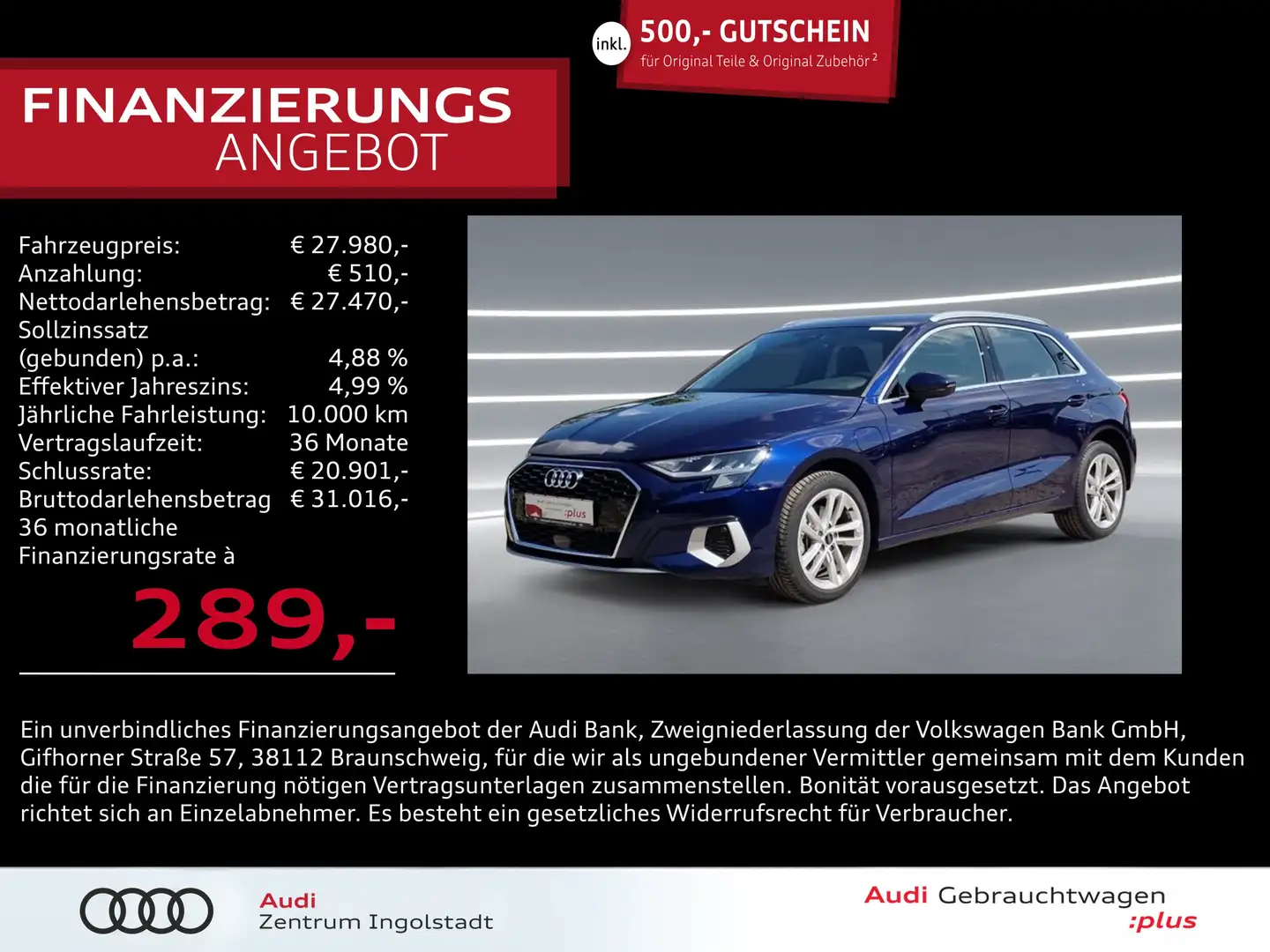 Audi A3 Sportback 40 TFSI e NAVI virtual+ PDC Advanced Blau - 1