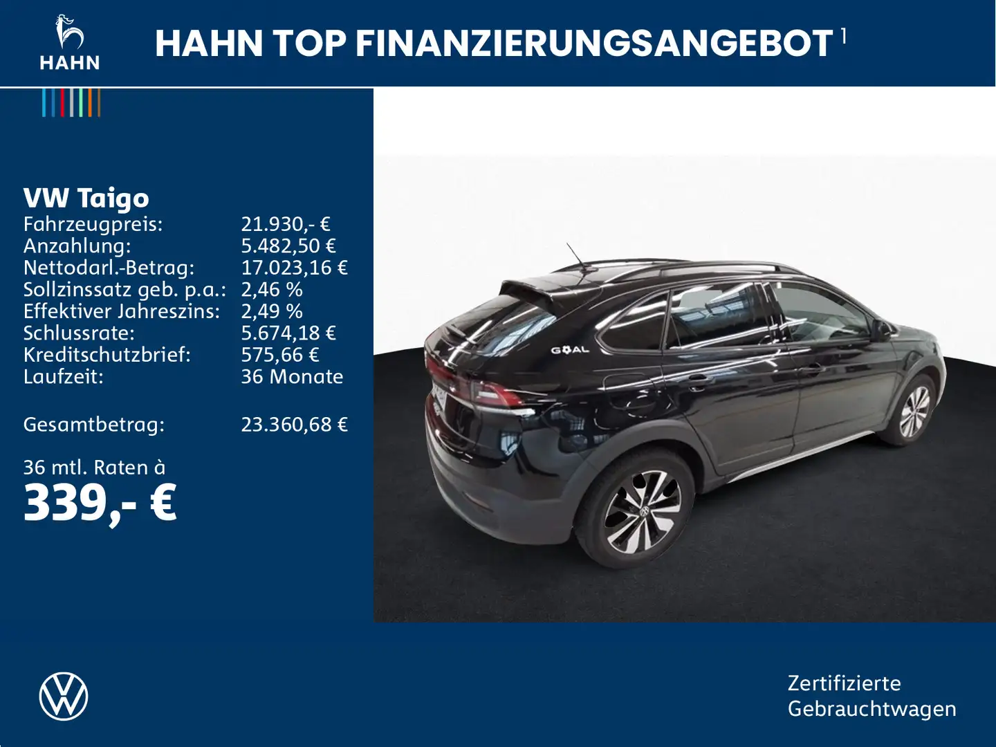 Volkswagen Taigo 1.0TSI Goal LED AHK Sitzh APP ACC CAM  DAB Schwarz - 2