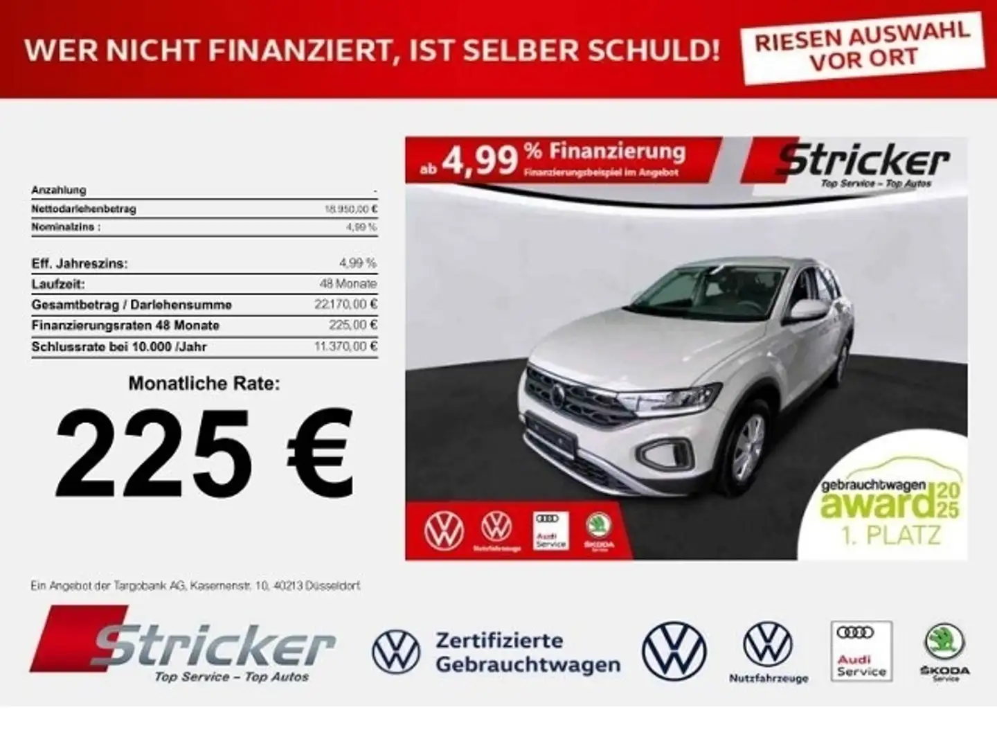 Volkswagen T-Roc 1.0TSI 225,-ohne Anzahlung LED DAB+ Weiß - 1