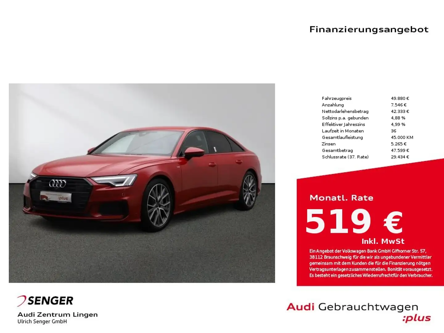 Audi A6 Limousine Sport 50 TDI quattro Matrix S line Rouge - 1