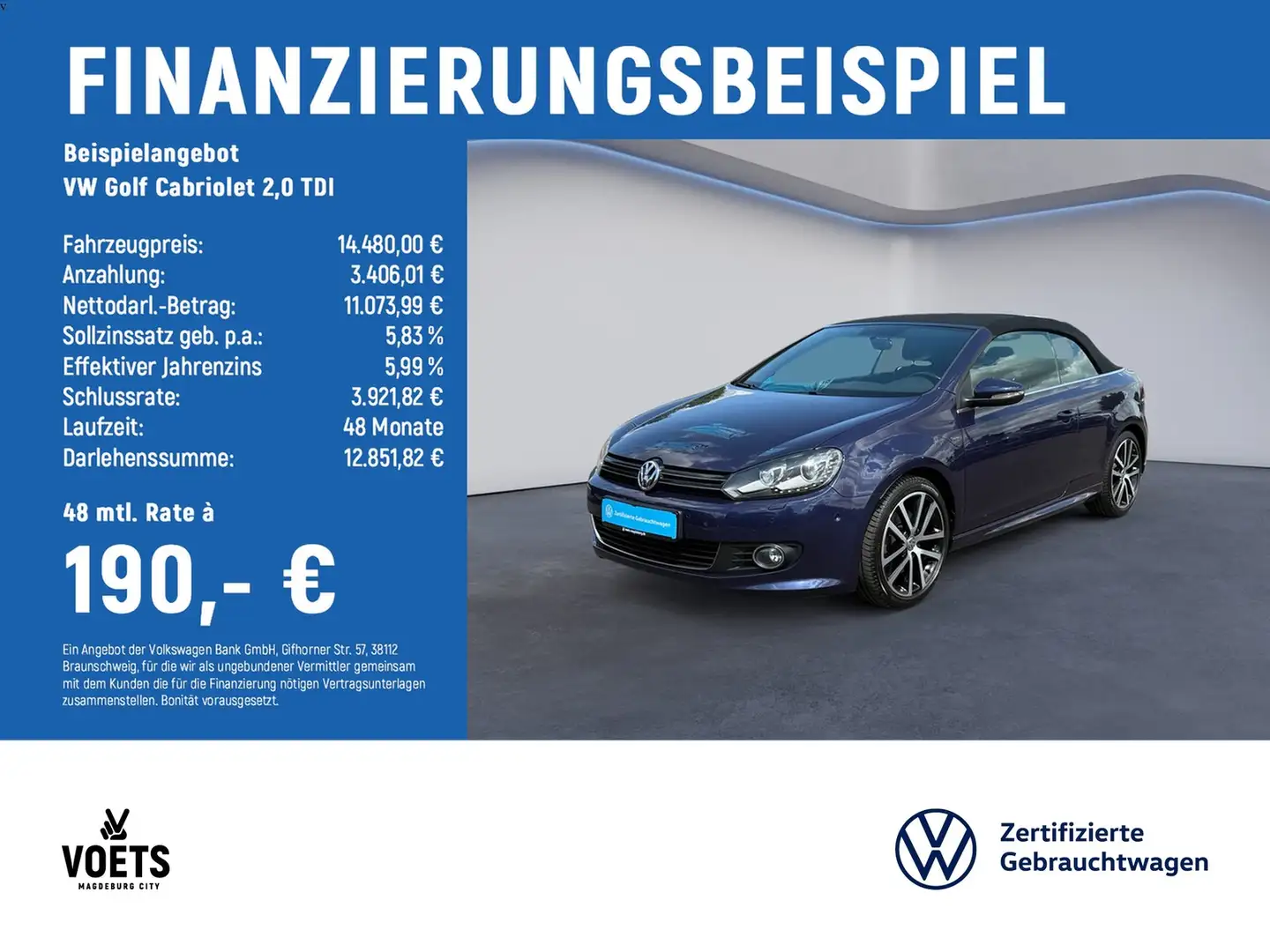 Volkswagen Golf Cabriolet Golf Cabriolet 2,0 TDI Lounge NAVI+AHK+TEMP+SIT... Bleu - 2