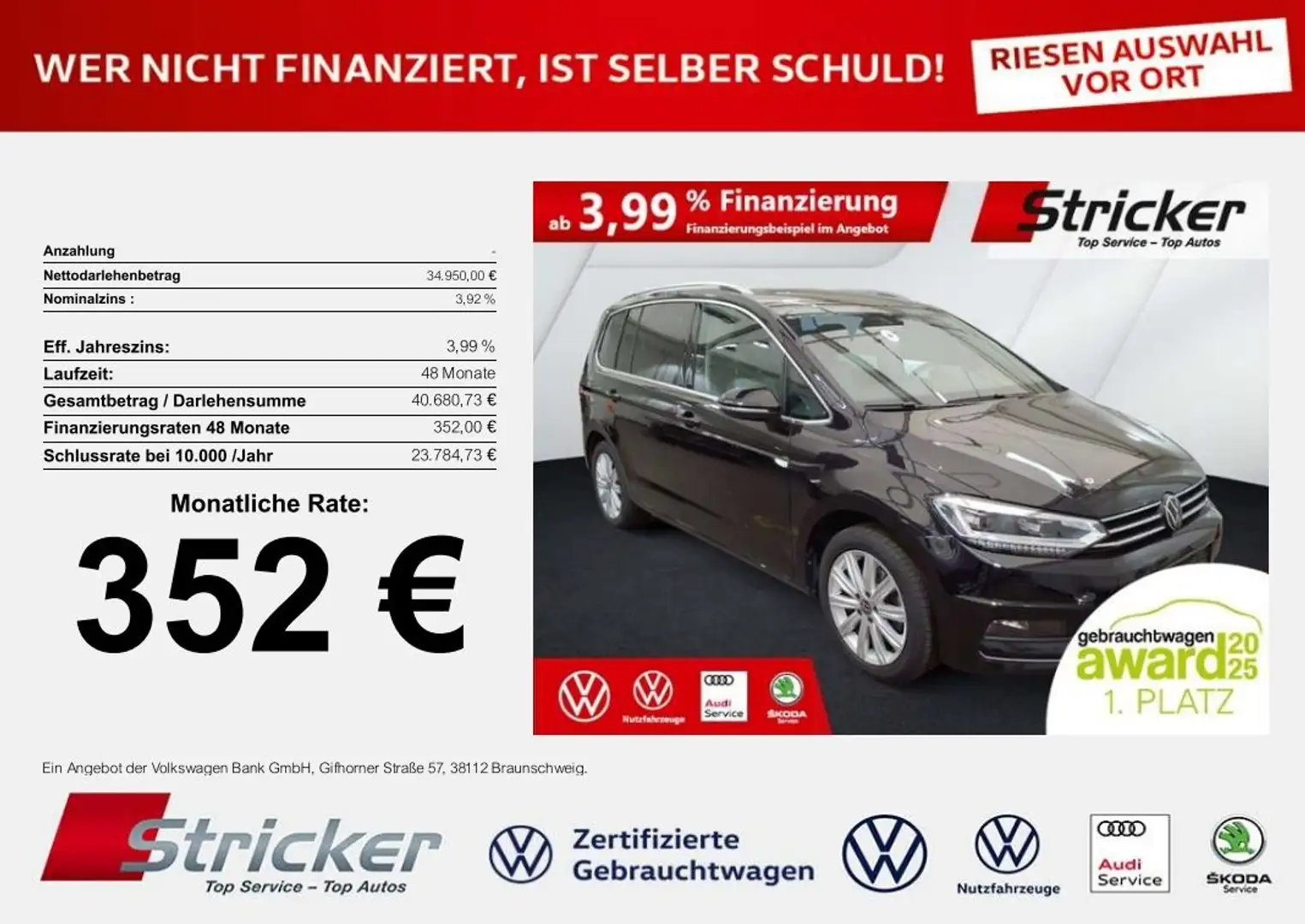 Volkswagen Touran Highline 2.0TDI DSG 352,-ohne Anzahlung 7-Sitzer Schwarz - 2