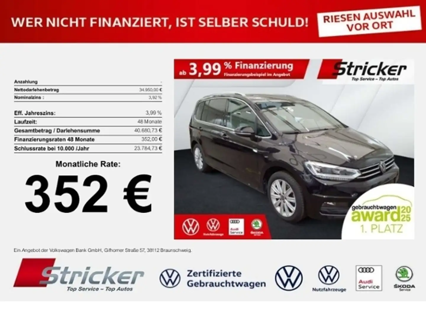 Volkswagen Touran Highline 2.0TDI DSG 352,-ohne Anzahlung 7-Sitzer Schwarz - 1