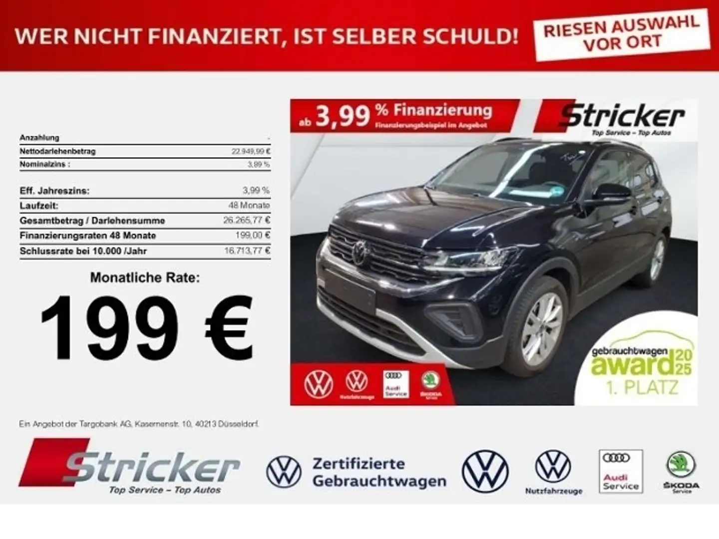 Volkswagen T-Cross Goal 1.0TSI DSG 199,-ohne Anzahlung Navi AHK ACC Schwarz - 1