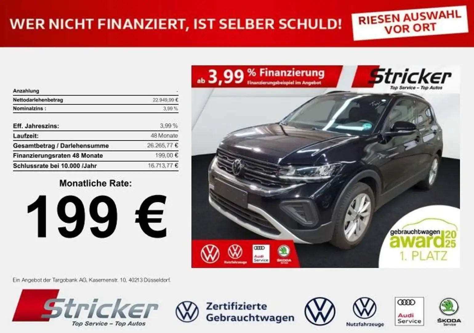 Volkswagen T-Cross Goal 1.0TSI DSG 199,-ohne Anzahlung Navi AHK ACC Schwarz - 2