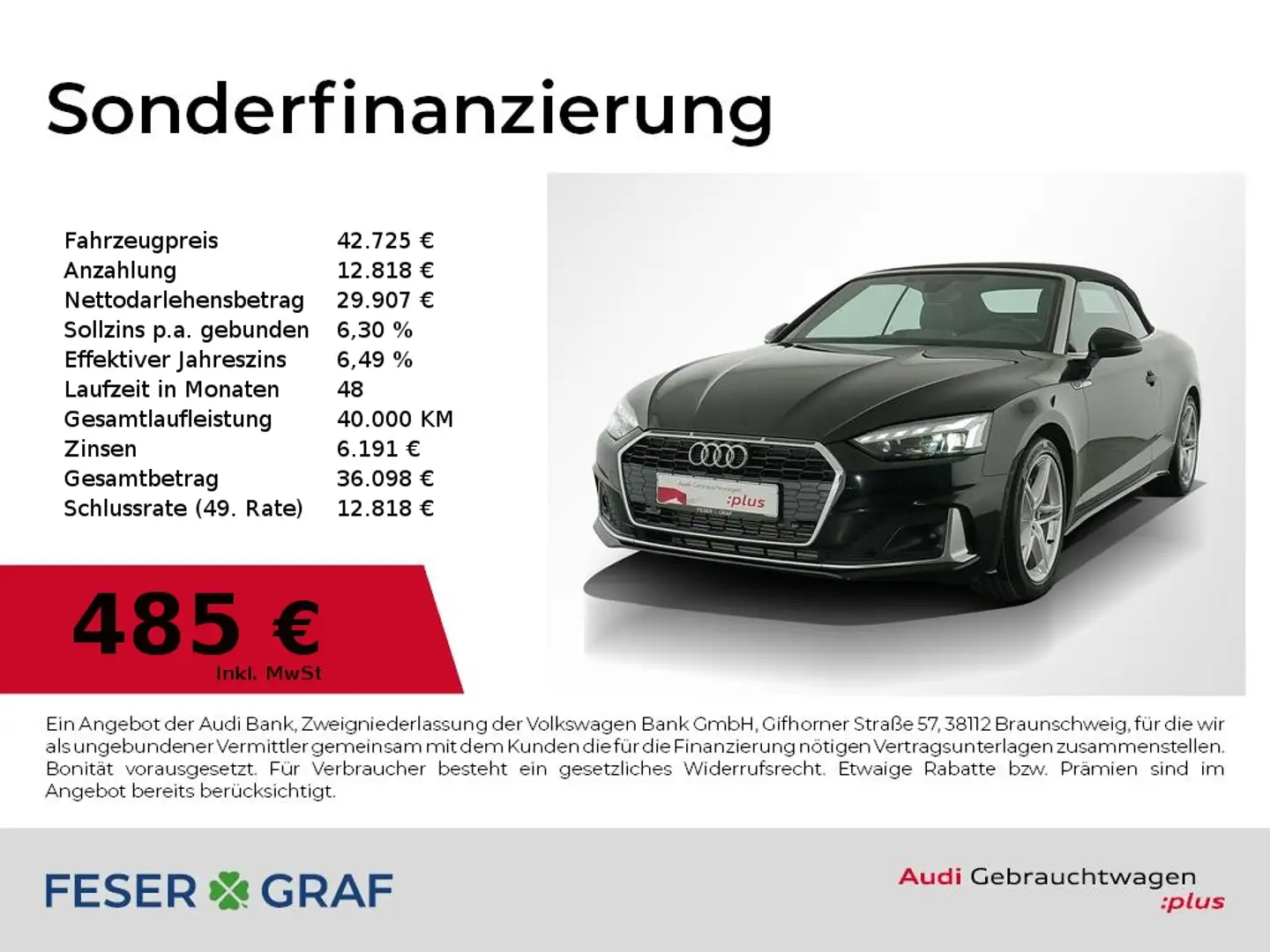 Audi A5 Cabriolet 40 TFSI Matrix/ACC/Leder/Memory/ Schwarz - 1