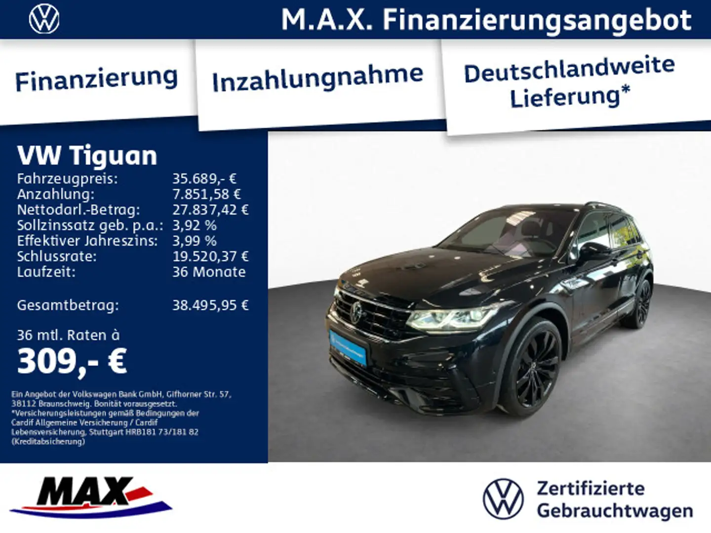 Volkswagen Tiguan 2.0 TDI 4M R-LINE MATRIX+AHK+HUD+PANO+ACC Schwarz - 1