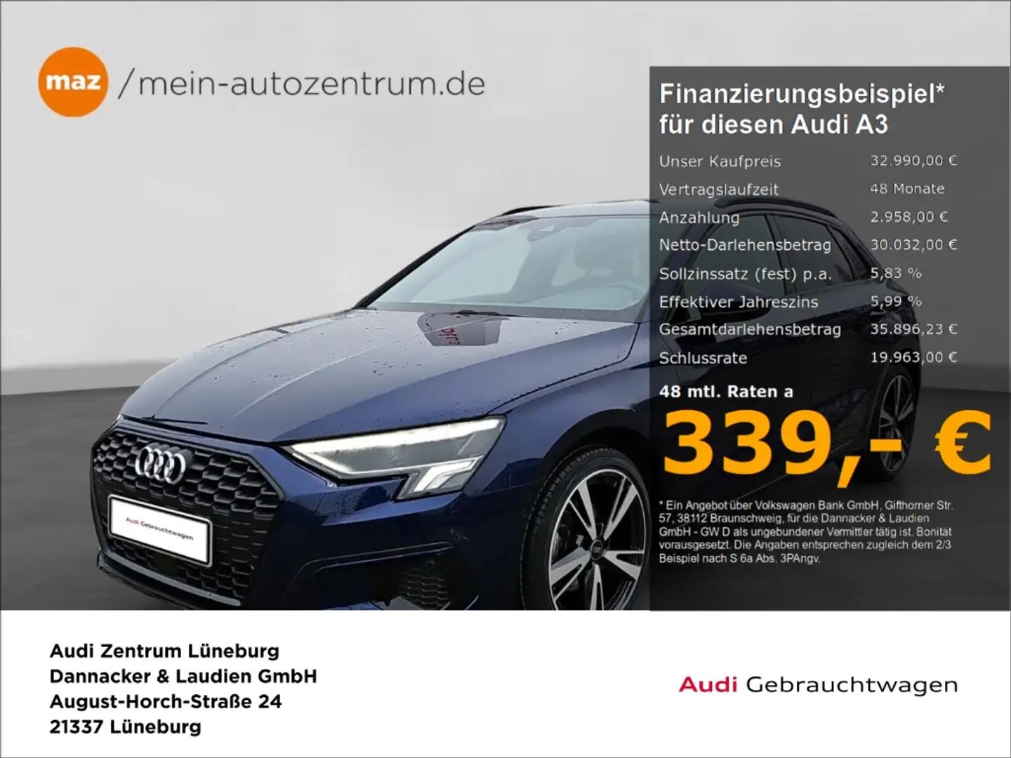 Audi A3 Sportback 35 2.0 TDI advanced Alu LED Navi Tempoma Blau - 1