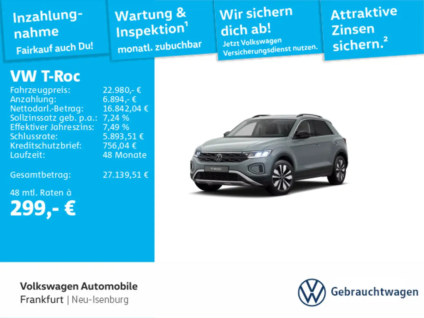 Volkswagen T-Roc 1.0 TSI Goal DAB+ Navi FrontAssist LightAs Blau - 1
