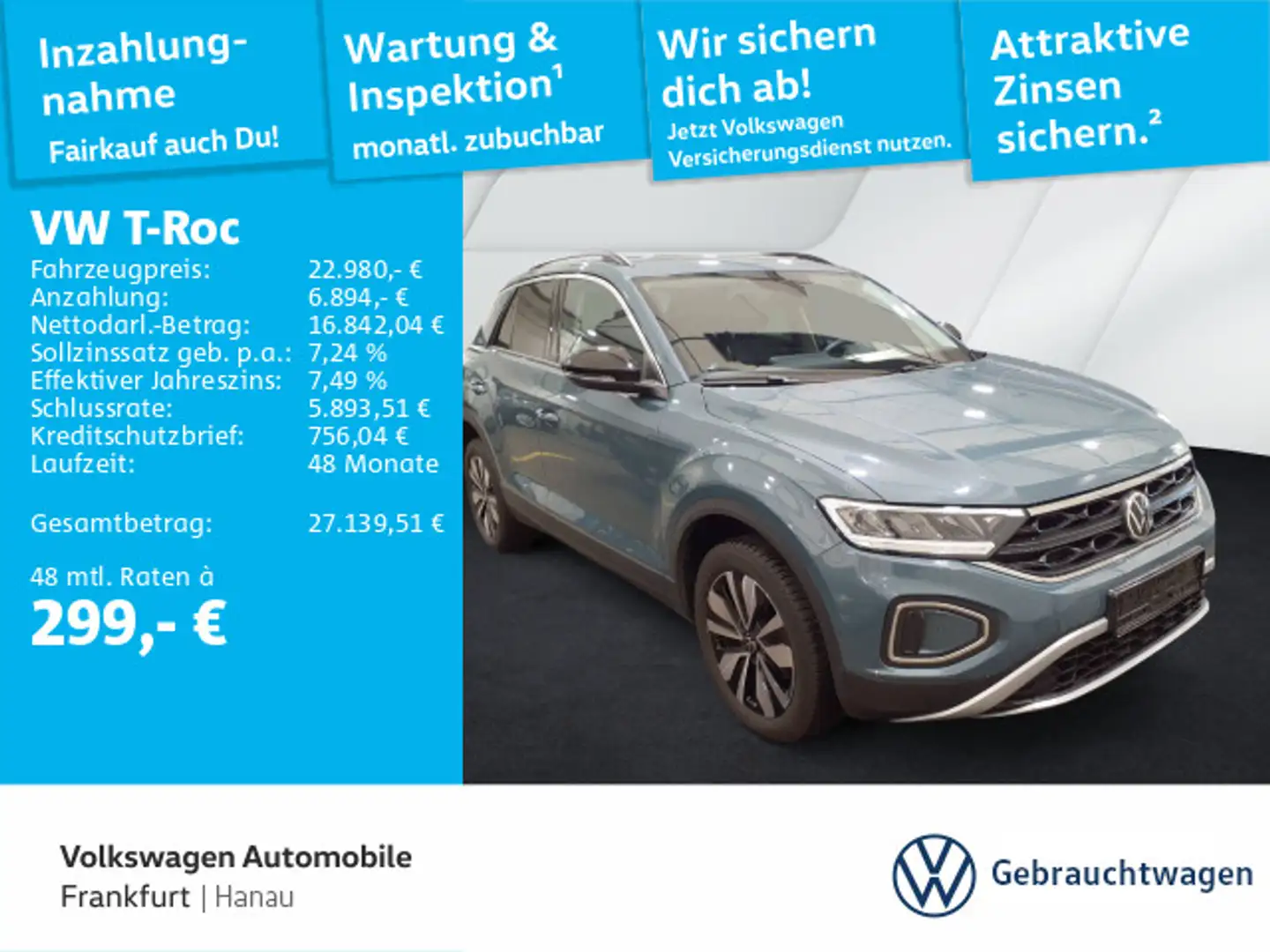 Volkswagen T-Roc 1.0 TSI Goal DAB+ Navi FrontAssist TravelA Blau - 1