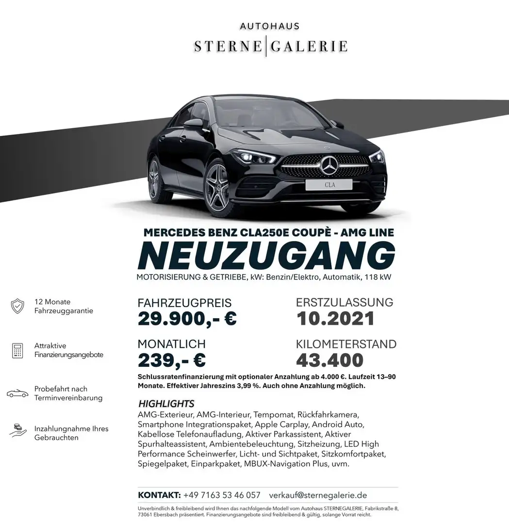 Mercedes-Benz CLA 250 E/AMG-LINE/AMBIENT/TEMPOM/RÜCKFAHRK LED Negro - 1