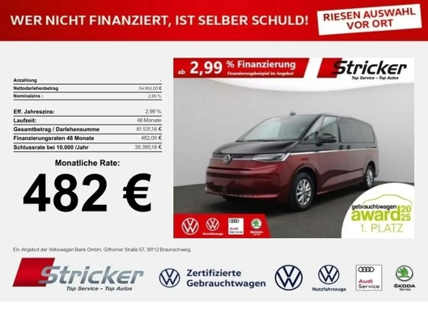 Volkswagen T7 Multivan Life lang 2.0 TDI 482,-ohne Anzahlung Head-up Vis Roşu - 1
