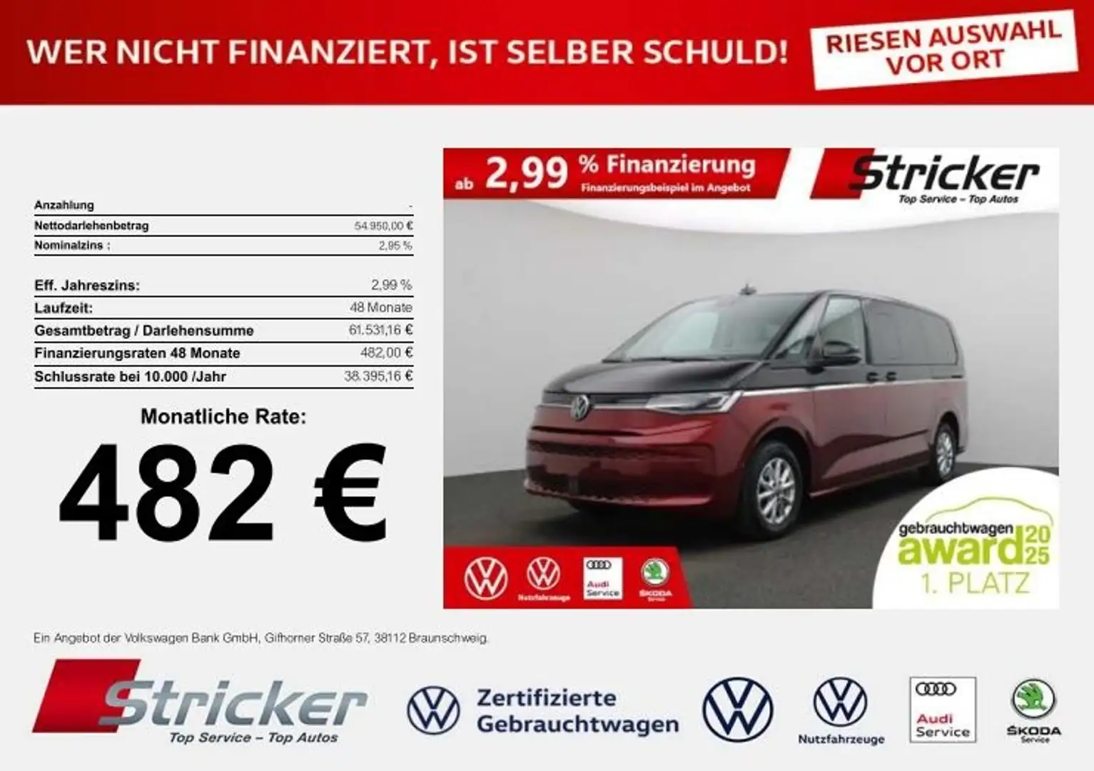 Volkswagen T7 Multivan Life lang 2.0 TDI 482,-ohne Anzahlung Head-up Vis Rojo - 1