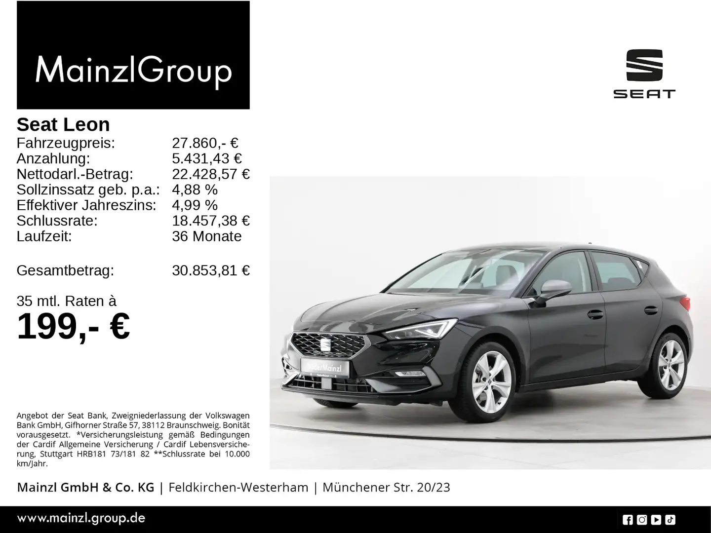 SEAT Leon 1.5 eTSI DSG FR Navi Kam. SHZ Matrix ACC Schwarz - 1