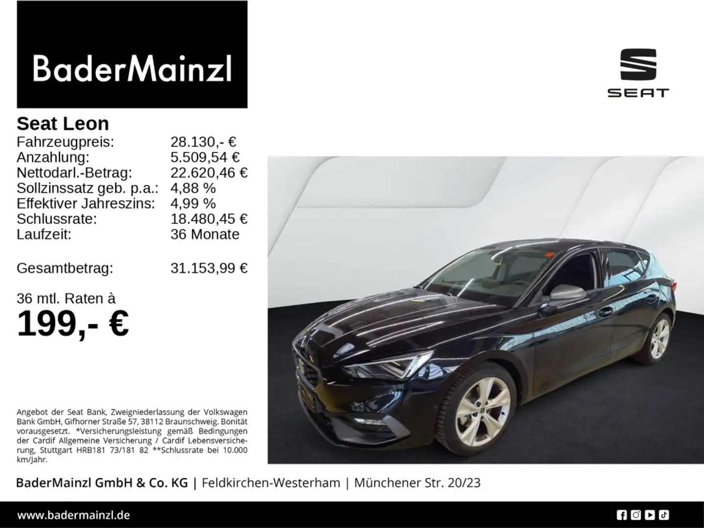 SEAT Leon 1.5 eTSI DSG FR Navi Kam. SHZ Matrix ACC Schwarz - 1