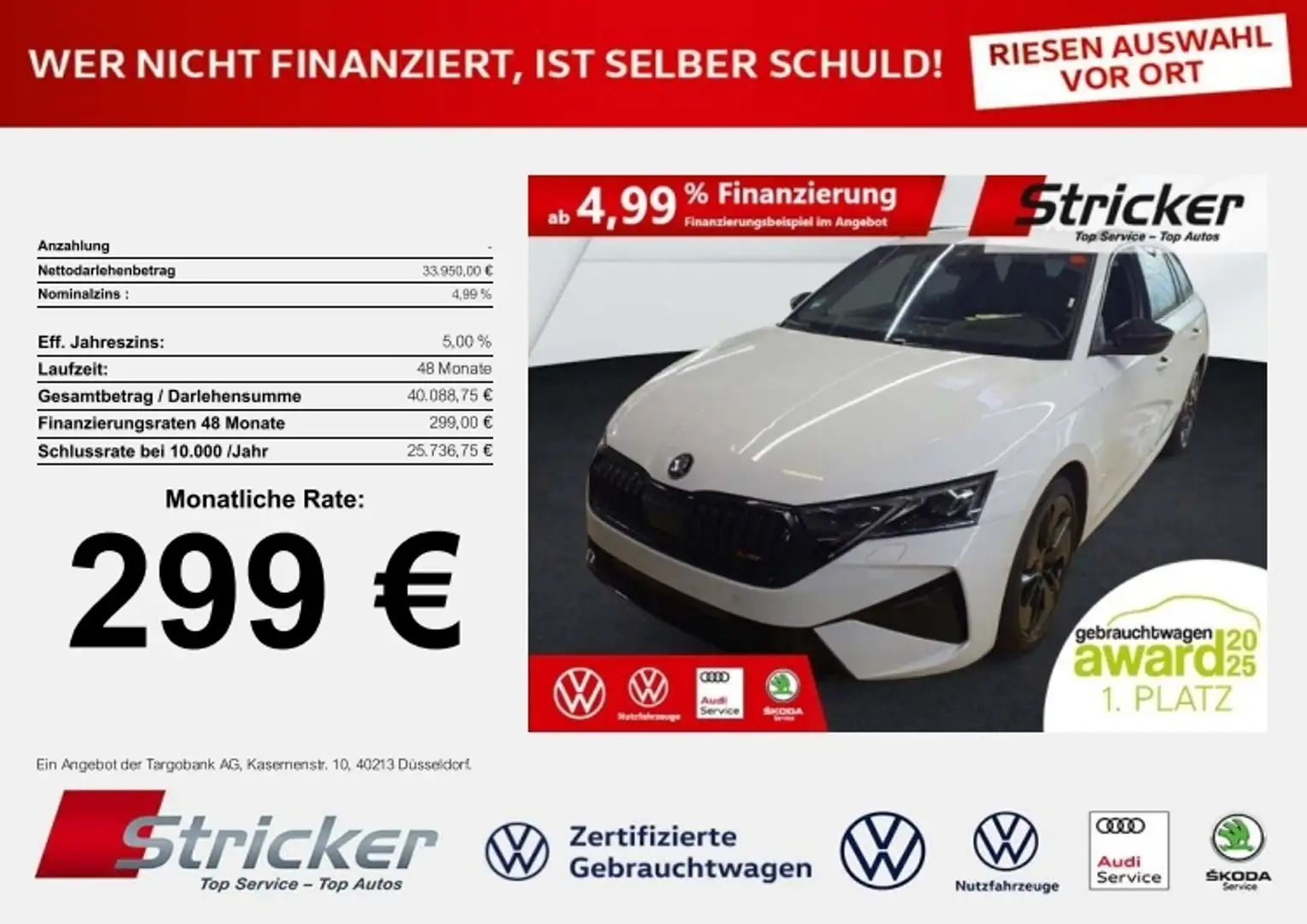 Skoda Octavia RS Combi 2.0TSI DSG 299,-ohne Anzahlung Navi Cant Weiß - 2