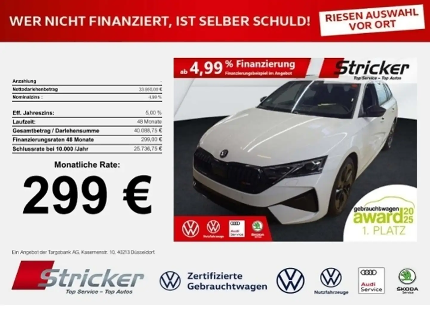 Skoda Octavia RS Combi 2.0TSI DSG 299,-ohne Anzahlung Navi Cant Weiß - 1