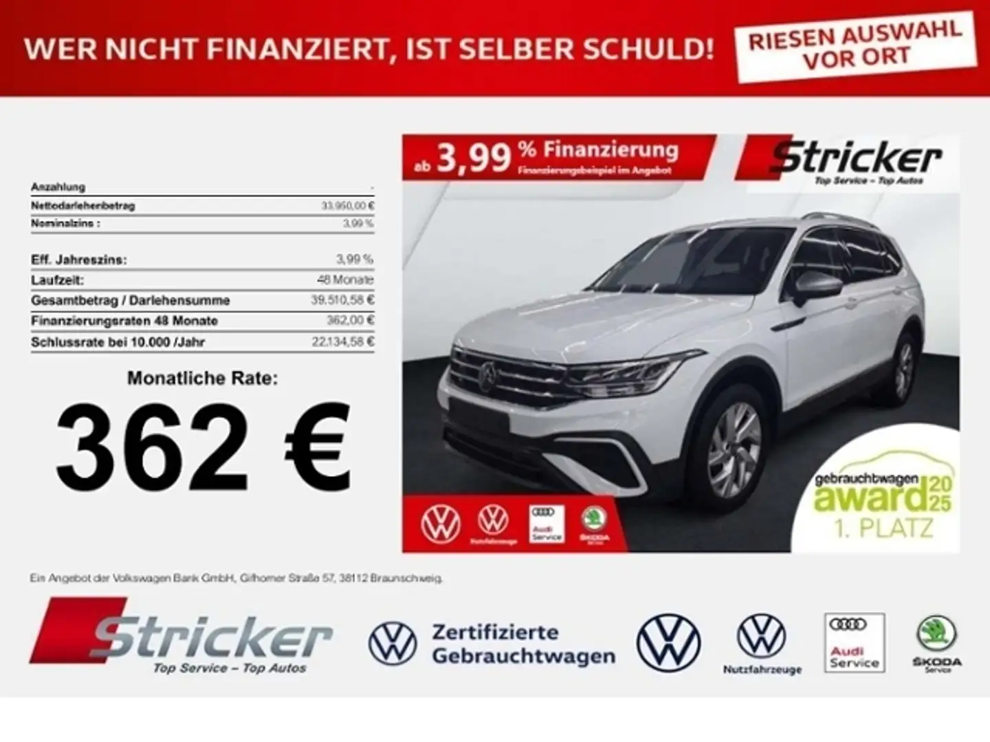 Volkswagen Tiguan Allspace Life 1.5TSI DSG 362,-ohne Anzahlung 7-Sitzer AHK Weiß - 1
