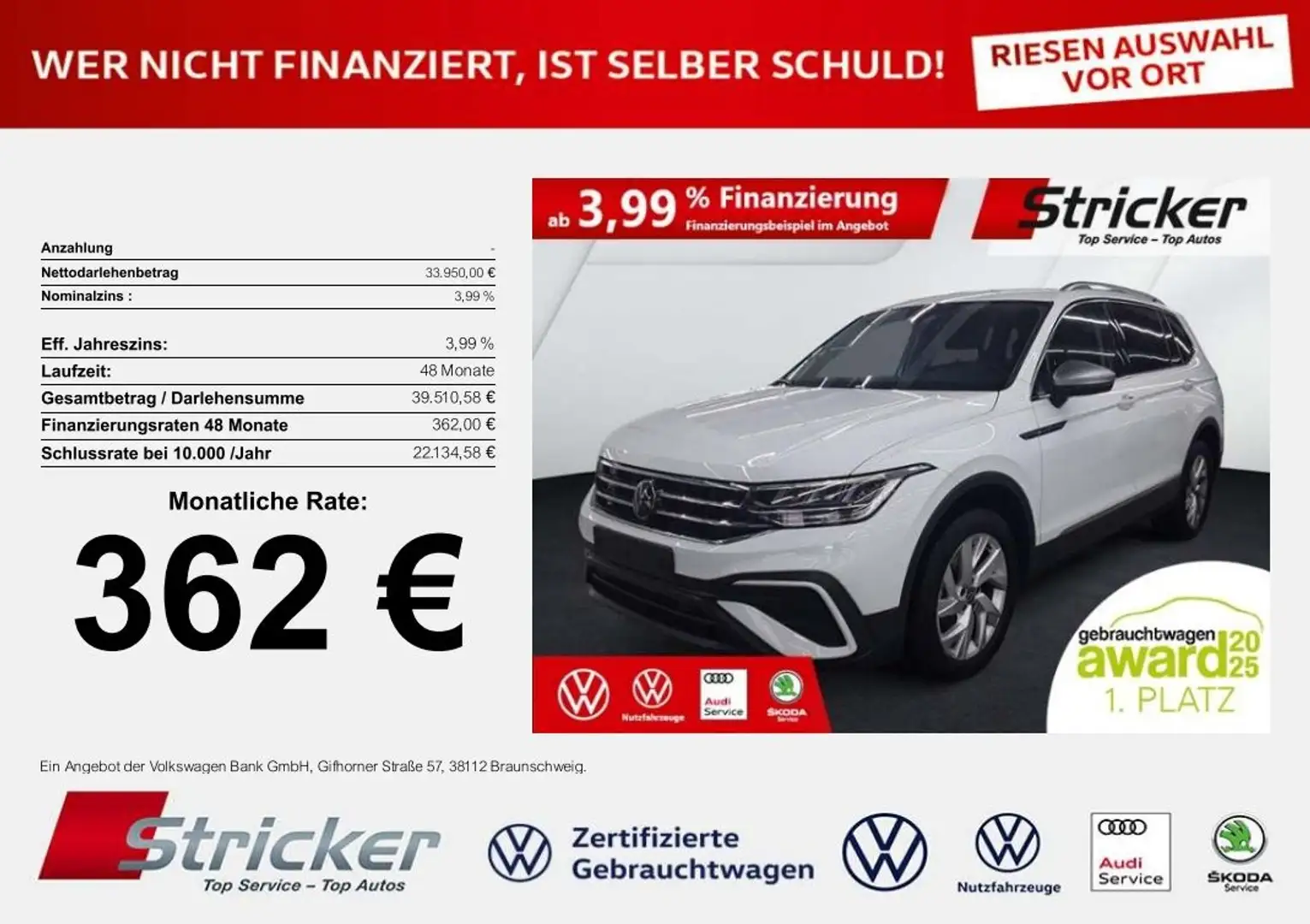Volkswagen Tiguan Allspace Life 1.5TSI DSG 362,-ohne Anzahlung 7-Sitzer AHK Weiß - 2
