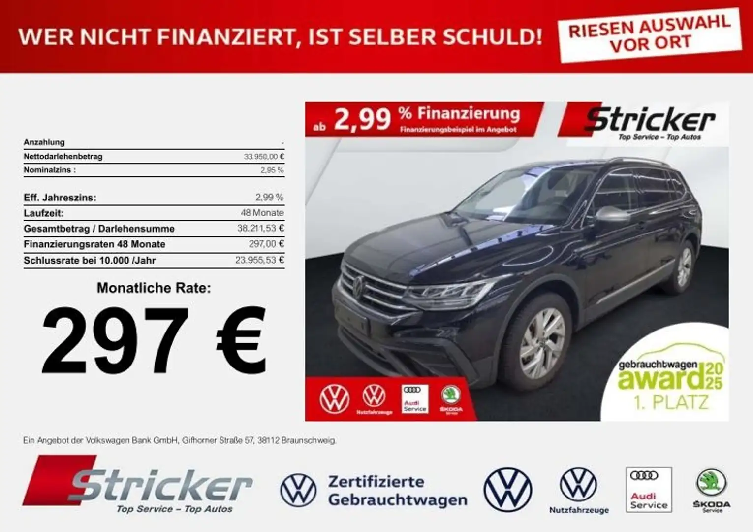 Volkswagen Tiguan Allspace Life 2.0TDI DSG 297,-ohne Anzahlung AHK 7-Sitzer Schwarz - 2