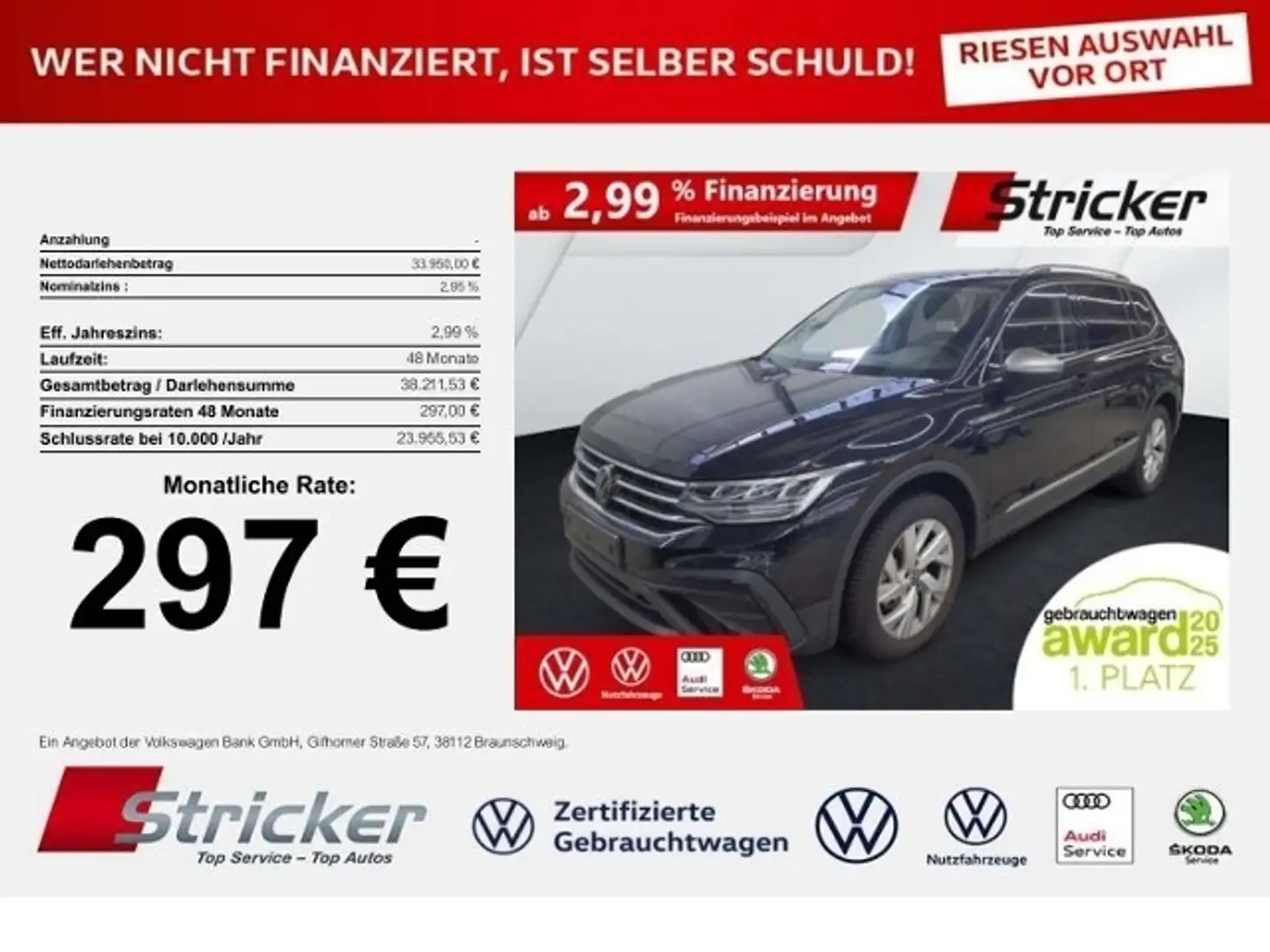 Volkswagen Tiguan Allspace Life 2.0TDI DSG 297,-ohne Anzahlung AHK 7-Sitzer Schwarz - 1