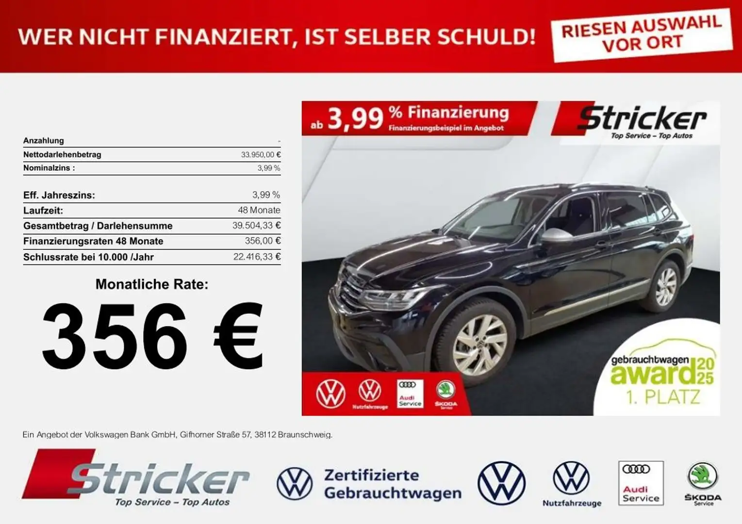 Volkswagen Tiguan Allspace Life 1.5TSI DSG 356,-ohne Anzahlung 7-Sitzer AHK Schwarz - 1