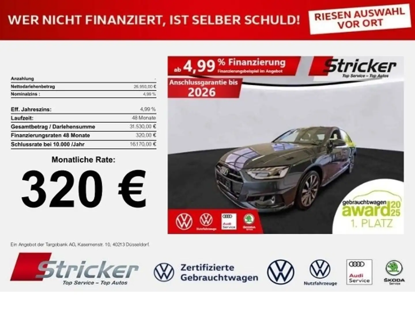 Audi A4 40 quattro advanced 320,-ohne Anzahlung Navi Kame Grau - 1