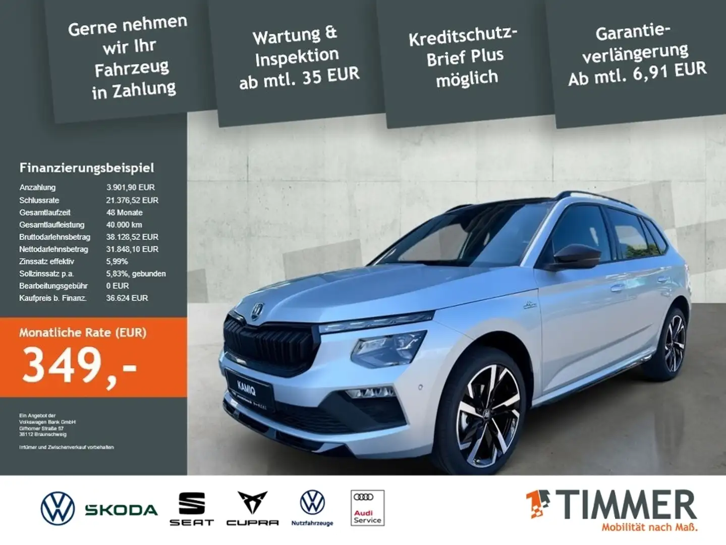 Skoda Kamiq Monte Carlo 1.5 TSI DSG*RFK*NAVI*SHZ*GLASDACH*MAT Silber - 1