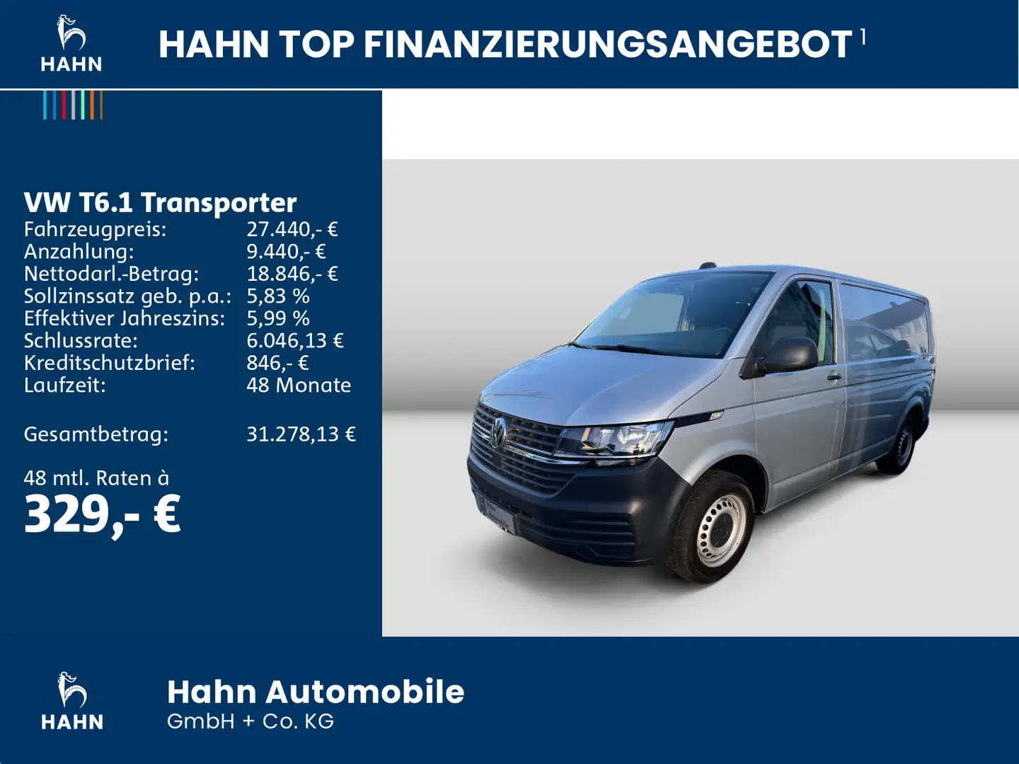 Volkswagen T6.1 Transporter Kasten 2.0TDI AHK CAM Klima Rad Silber - 2