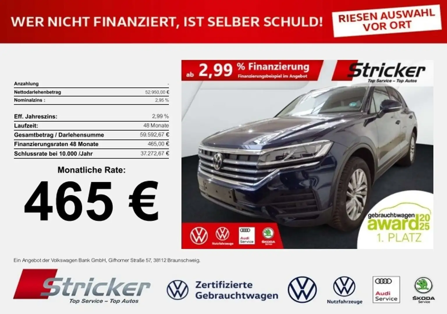 Volkswagen Touareg 3.0TDI 465,-ohne Anzahlung AHK Luft App-Connect Blau - 1