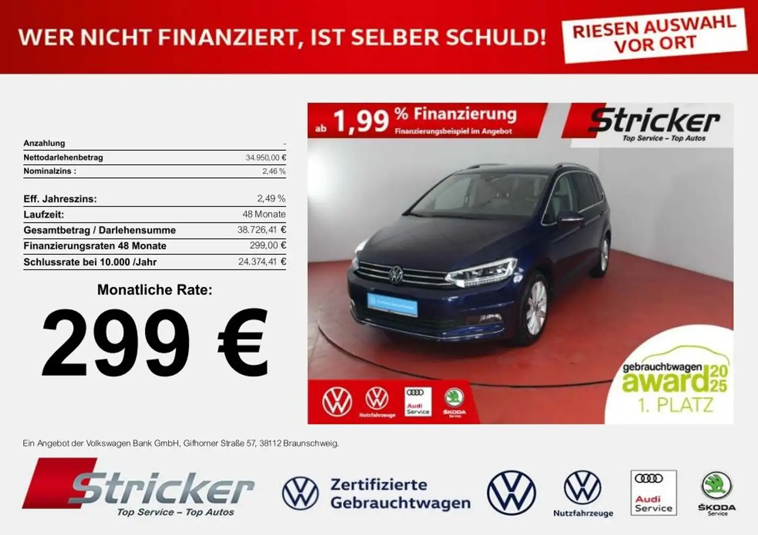 Volkswagen Touran Highline 2.0TDI DSG 299,-ohne Anzahlung 7-Sitzer Blau - 1