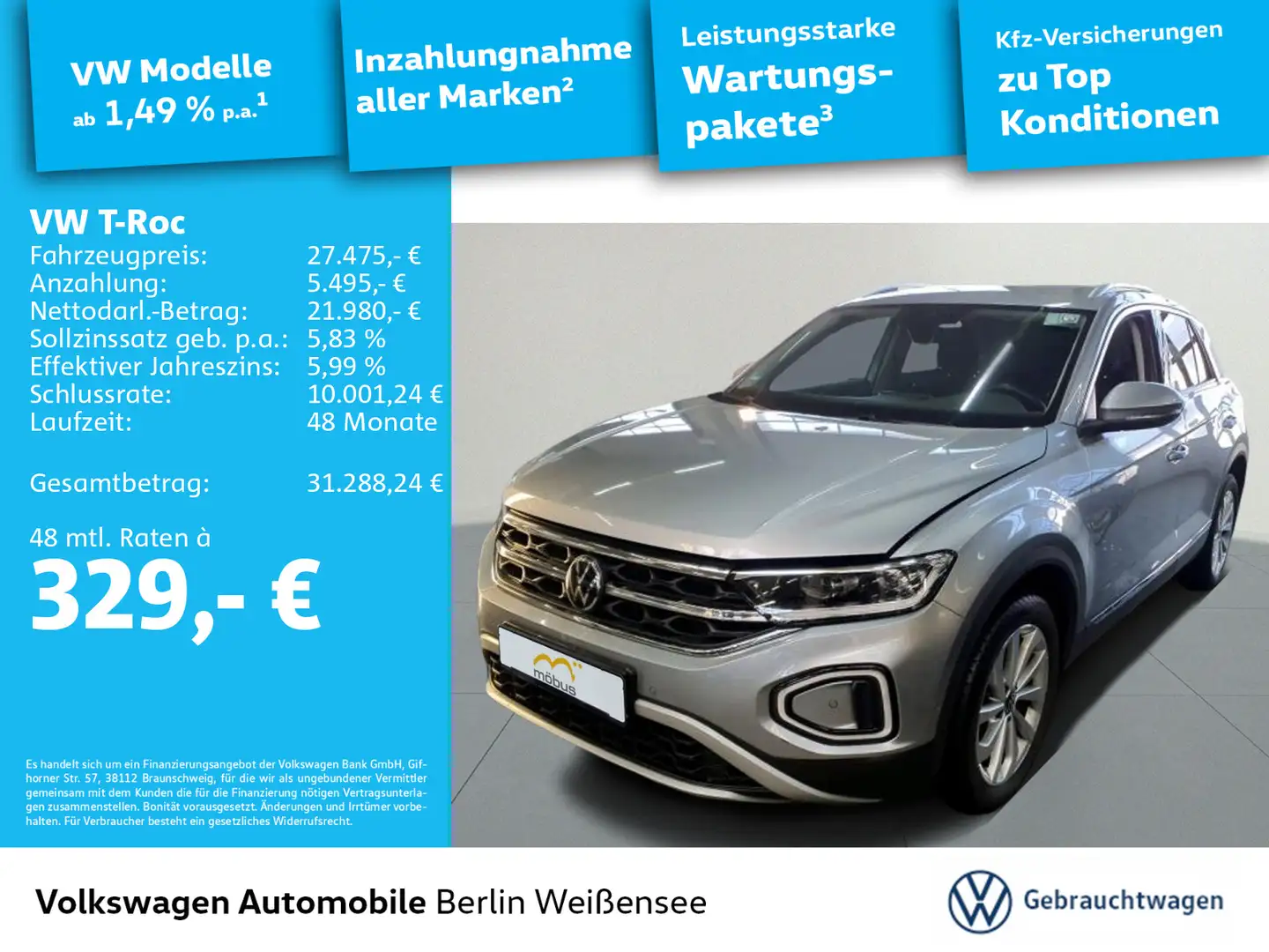 Volkswagen T-Roc 2.0 TDI DSG *STYLE*NAVI*GANZJ*AHK*APP*LED* Silber - 1