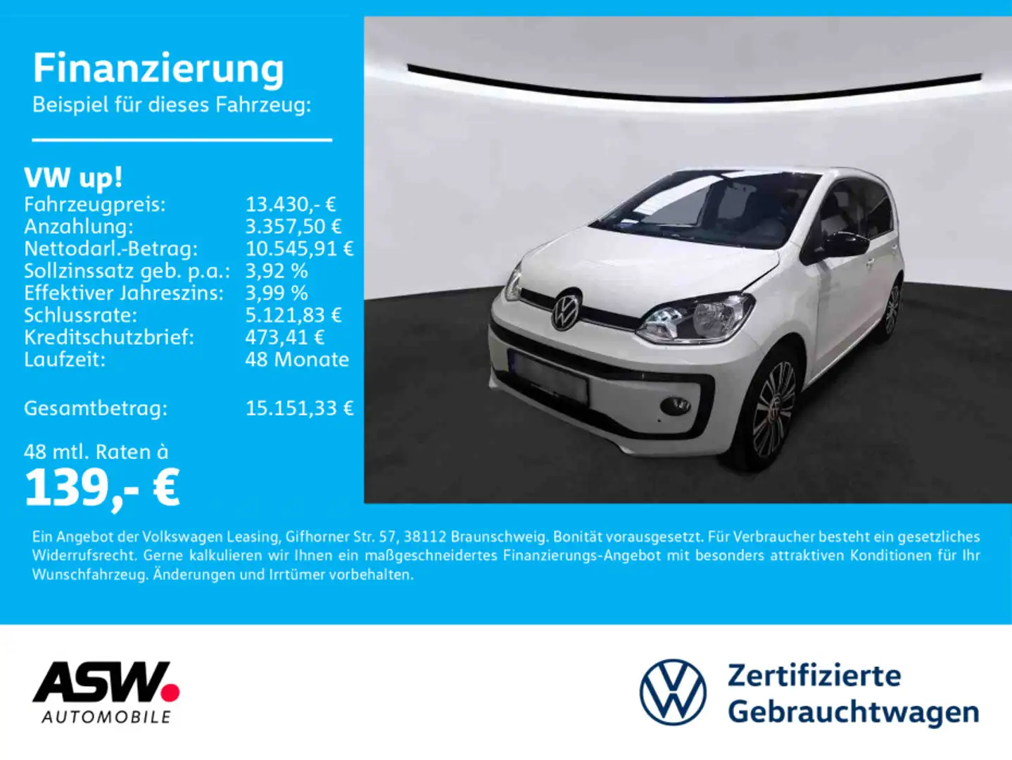 Volkswagen up! move up! Active 1.0 MPI RFK PDC Klima SHZ Weiß - 1