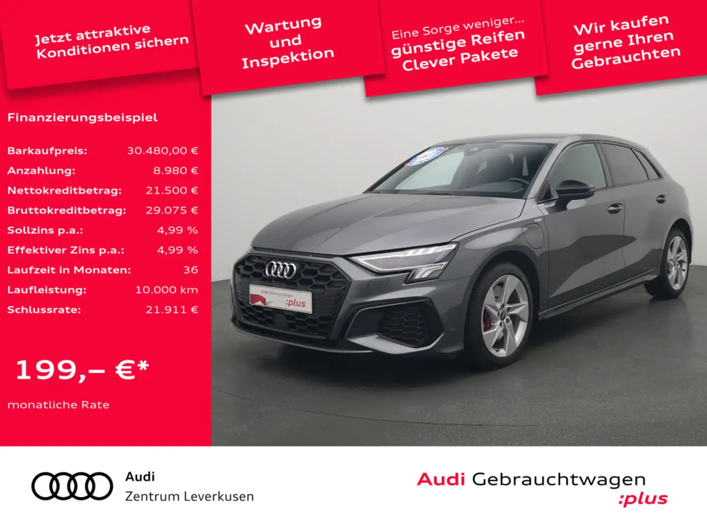 Audi A3 Sportback e S line S-TRON AHK NAVI LEDER V Grau - 1