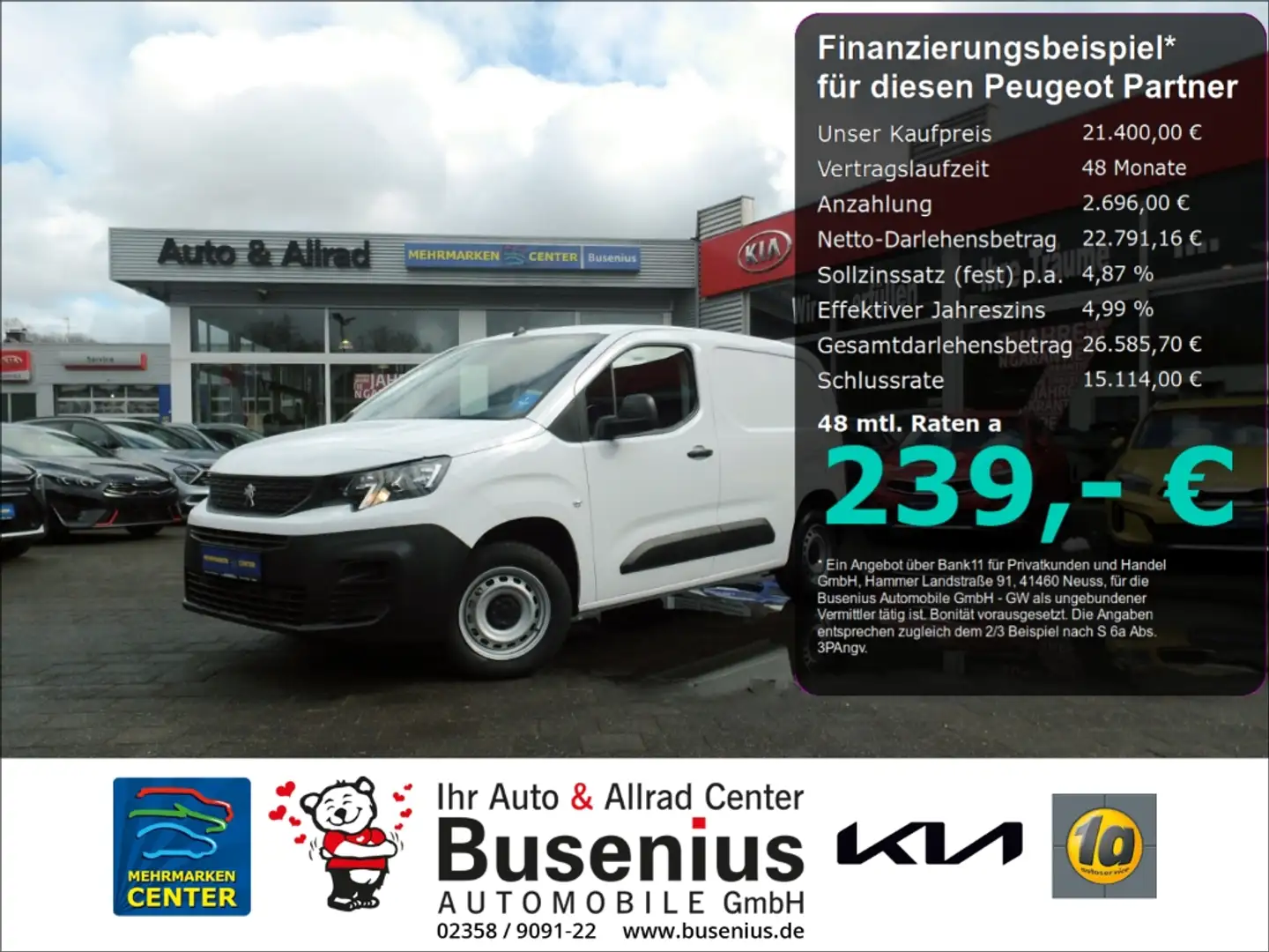 Peugeot Partner Premium L1 1.5 BlueHDi 100 FAP EU6d+Android+Klima+ Weiß - 1