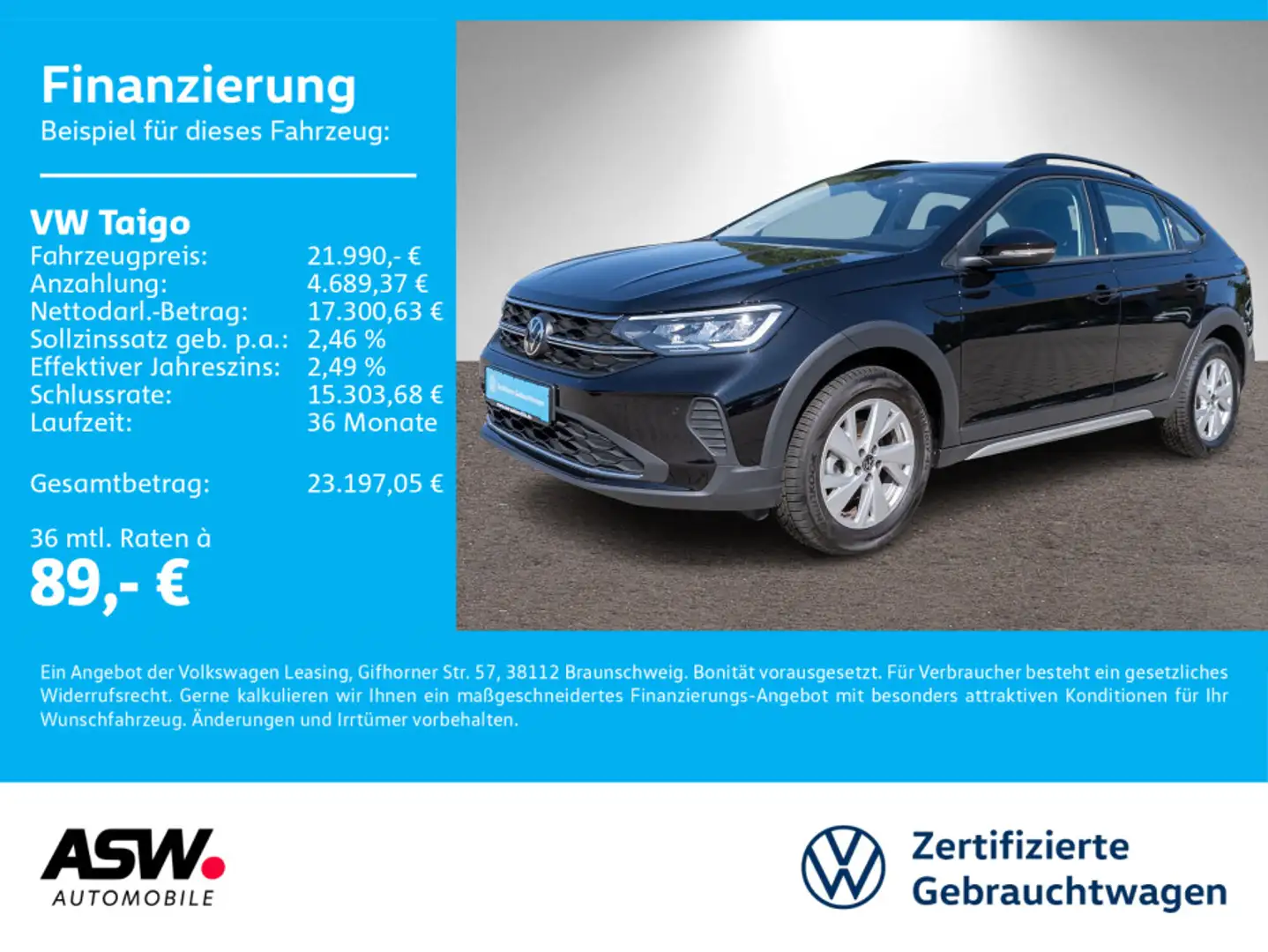 Volkswagen Taigo Life 1.0 TSI DSG Navi LED ACC VC SHZ PDC Schwarz - 1