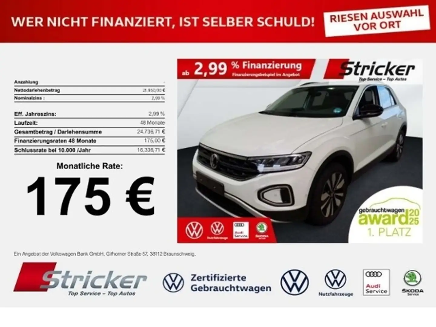 Volkswagen T-Roc Goal 1.0 TSI 175,-ohne Anzahlung Navi Sitzheizung Weiß - 1
