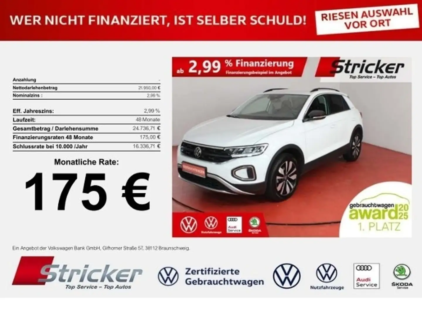 Volkswagen T-Roc Goal 1.0 TSI 175,-ohne Anzahlung Navi Sitzheizung Weiß - 1