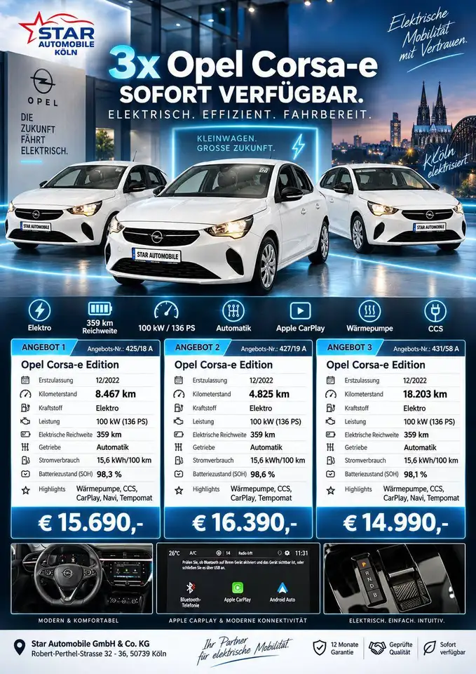 Opel Corsa e Edition 100 kW Start/Stopp TEMPOMAT CARPLAY / ANDROID Schnellheizung (Quickheat) DAB-Tuner Bremsassistent, миниатюра 2