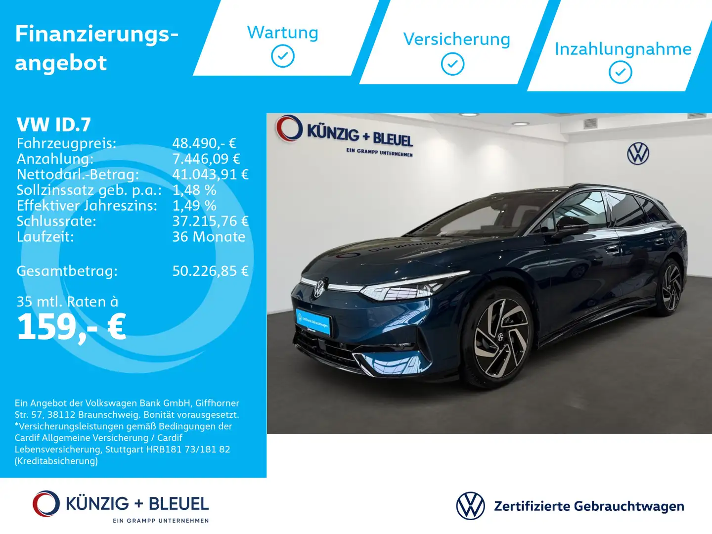 Volkswagen ID.7 Pro 286PS NAV*360°KAM*WÄRMEPUMPE*CARPLAY Blau - 1