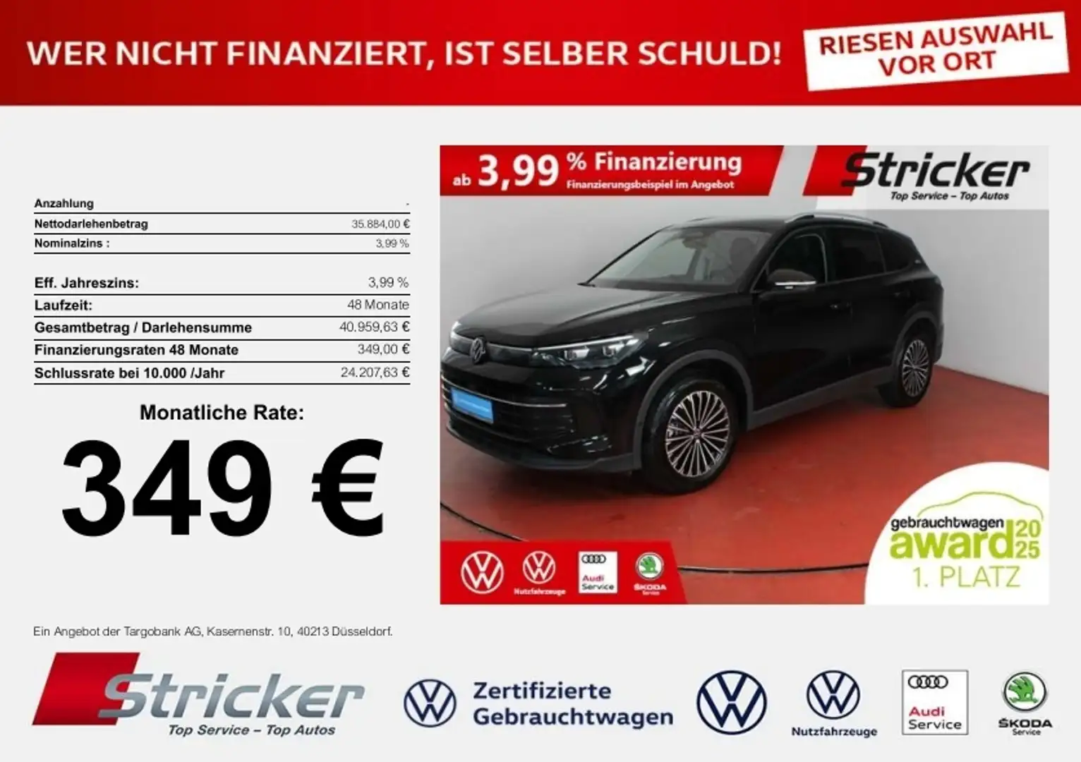 Volkswagen Tiguan Goal 2.0TDI DSG 349,-ohne Anzahlung Navi AHK Kame Schwarz - 1