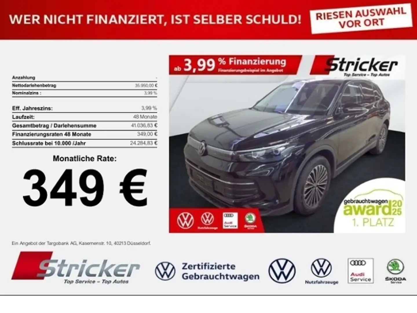 Volkswagen Tiguan Goal 2.0TDI DSG 349,-ohne Anzahlung Navi AHK Kame Schwarz - 1