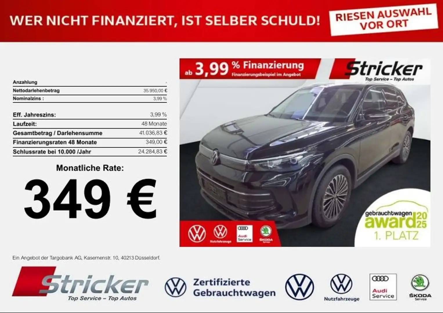 Volkswagen Tiguan Goal 2.0TDI DSG 349,-ohne Anzahlung Navi AHK Kame Schwarz - 2