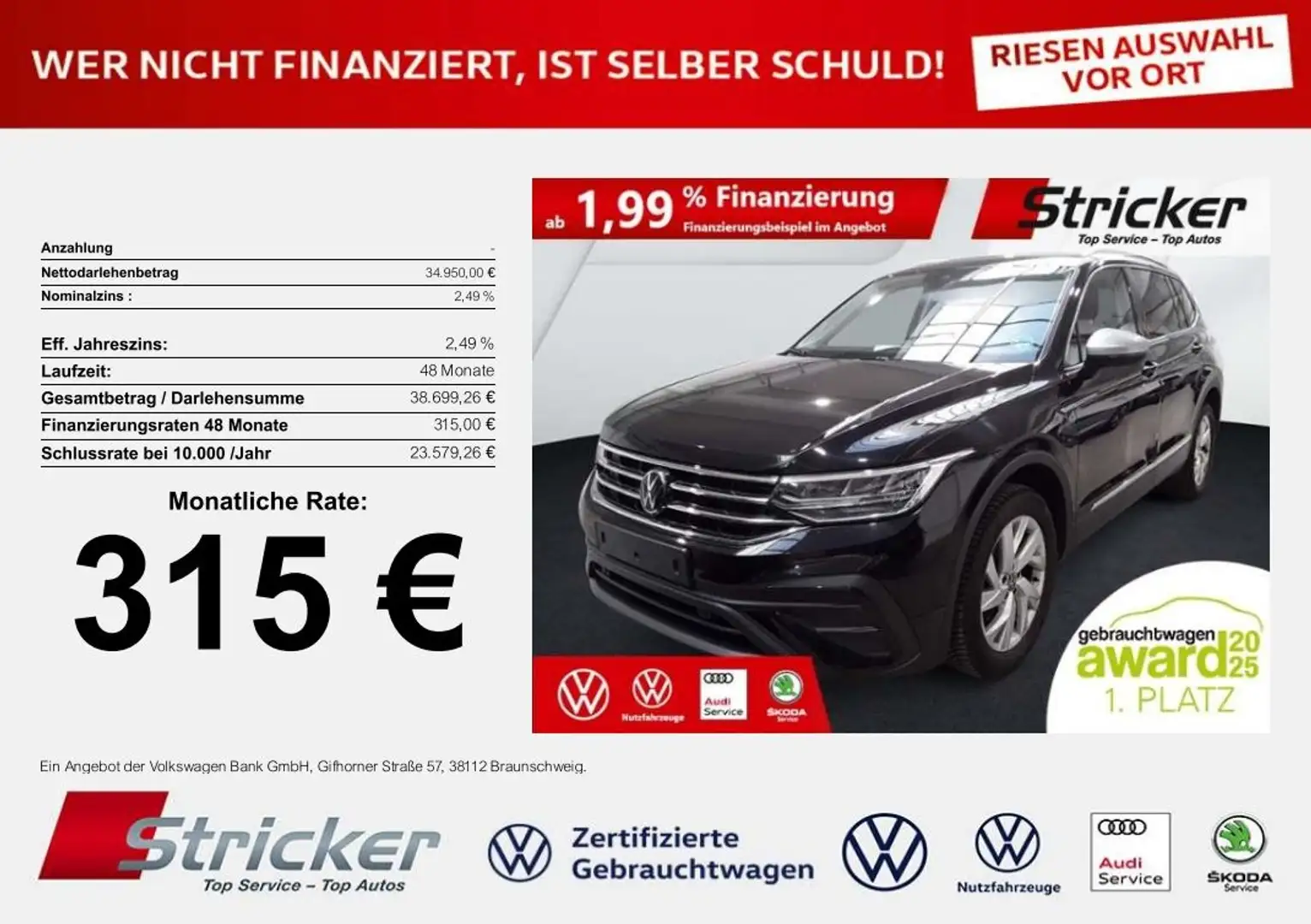 Volkswagen Tiguan Allspace Life 2.0TDI DSG 315,-ohne Anzahlung AHK 7-Sitzer Schwarz - 1
