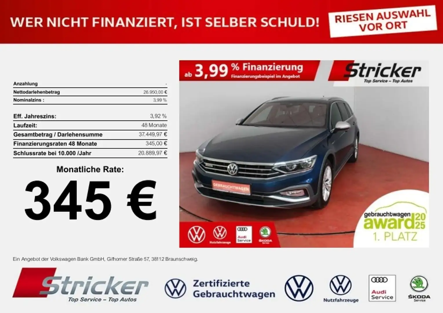 Volkswagen Passat Alltrack 2.0TDI DSG 345,-ohne Anzahlung Navi Matrix Dynaud Blau - 1
